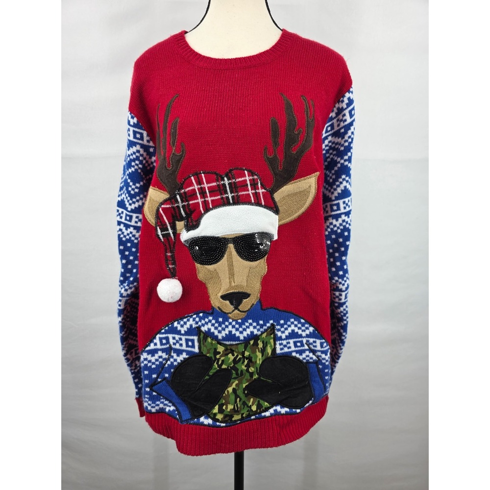 Jolly Sweaters Mens Red Reindeer Beer Holder Ugly Christmas Sweater Large L